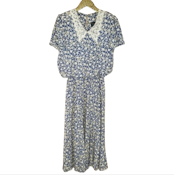 Vintage 70s Starlo Womens Blue Floral Lace Long‎ Maxi Dress sz 9/10 Cottagecore - Picture 8 of 14